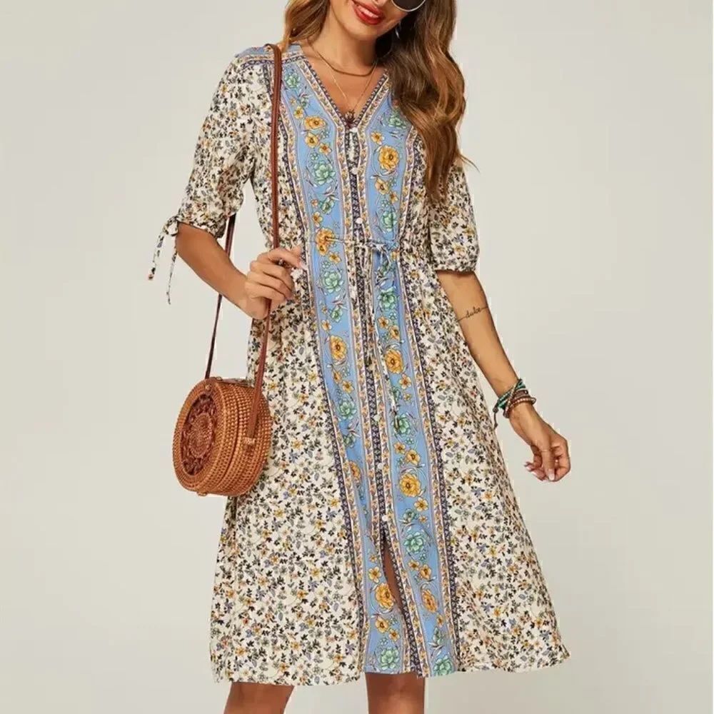 NEW! Boho Relaxed Blue Block Color Floral Printed Skater Knee Length  Dress